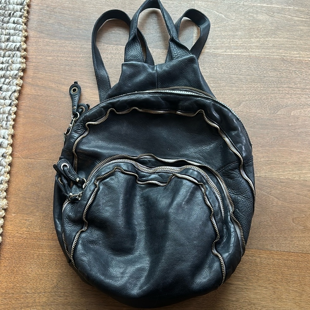 Black vintage leather backpack 
Not sure what the brand is??